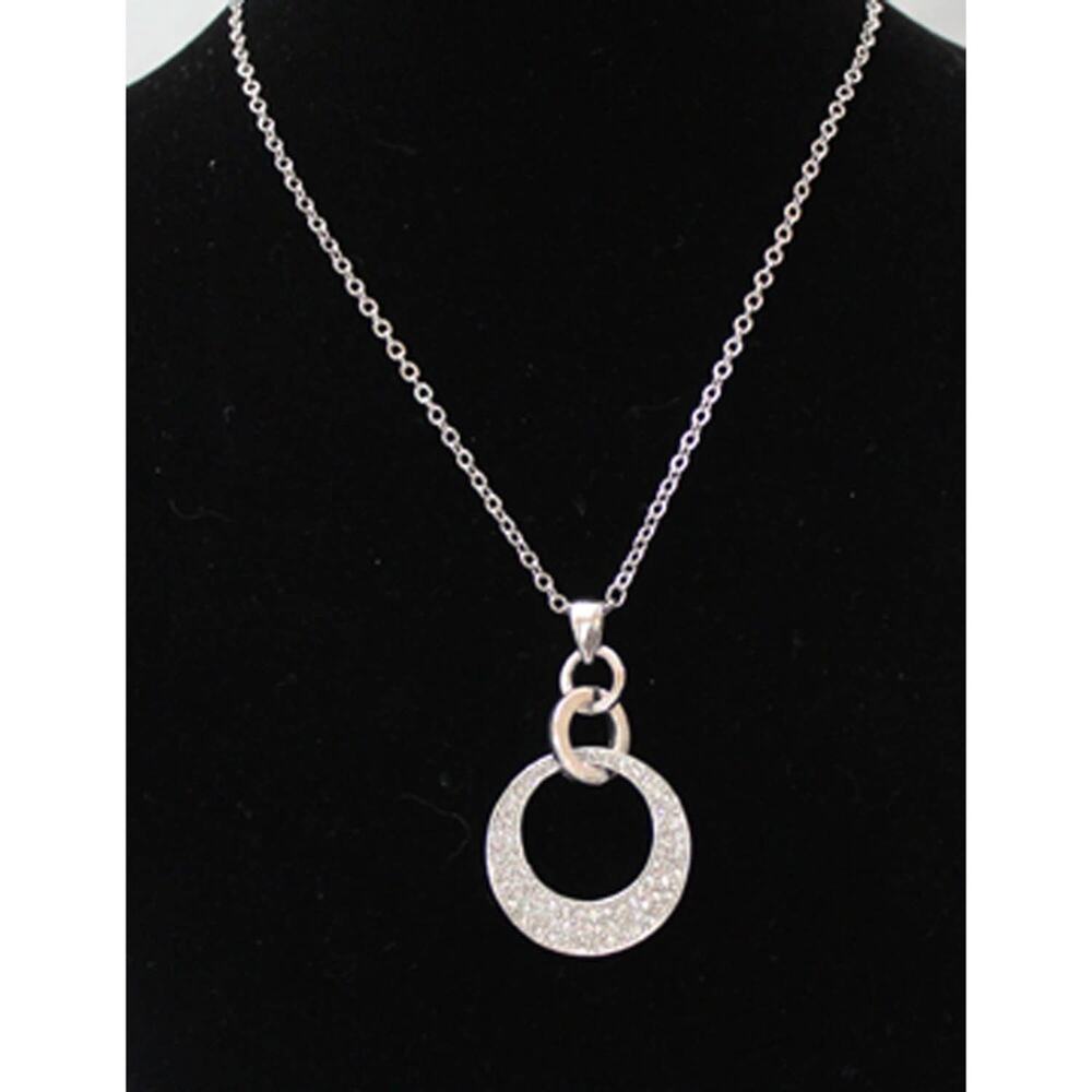 Vintage Silver Tone Necklace with a Sparkly Clear Rhinestone Circle Pendant N62